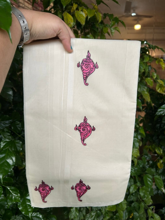 KaithariKada Balaramapuram 100% Cotton Double Off white - (Unbleached) Mundu/Dhoti-100x80 - 0.5 inch Hand Painted Deep Magenta Mural Design Kara 3.75 mtr (8 muzham) - 11 KK5244 ASH
