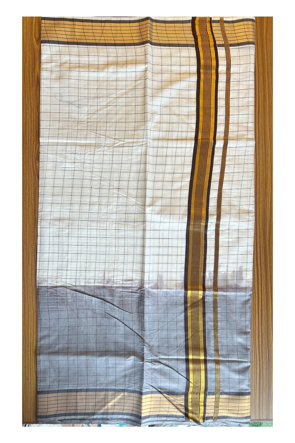 15% Discount! Kaitharikada Kerala Cotton Saree - Ash Color Dyed & Gold Kasavu Brown Striped Kara - 16KK1003HAR