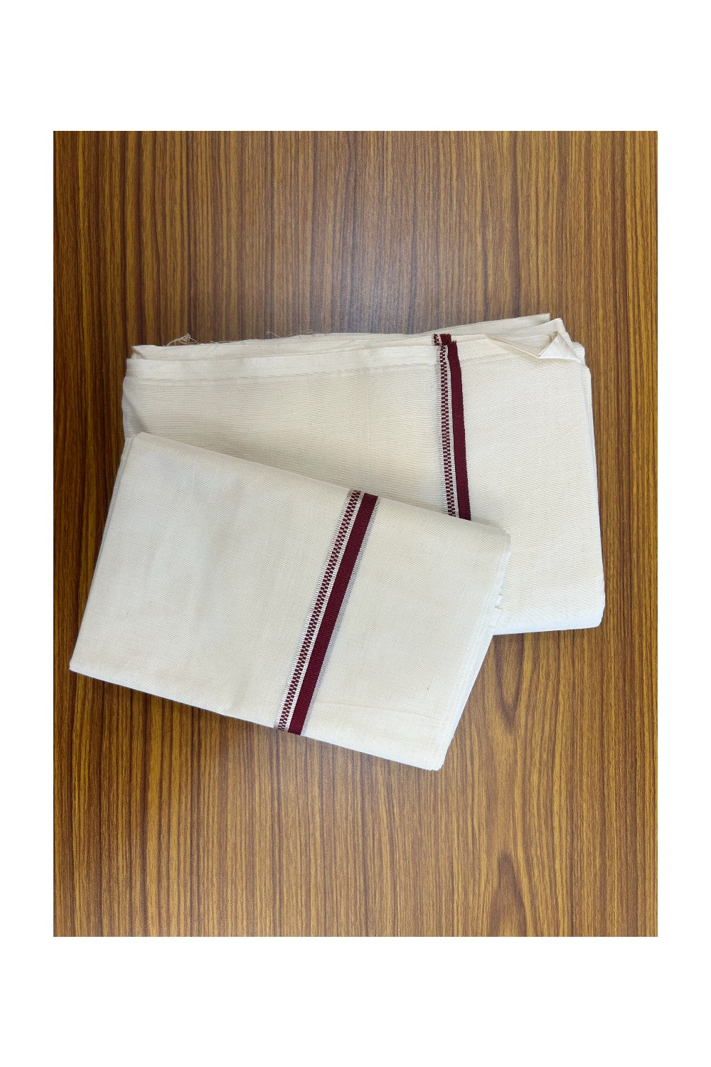 20% Discount!! KaithariKada Balaramapuram - 100% PURE Cotton Off White  (Unbleached) Mundu/Dhoti & Neriyath set - 1.5 cm Silver Kasavu & Maroon Design Kara - 17KK5238 ASH