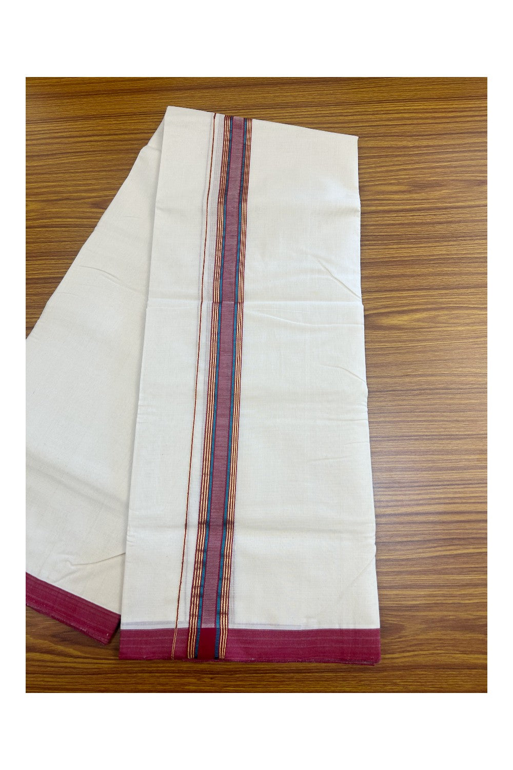 31% DISCOUNT!! KaithariKada HANDLOOM Millpaav Balaramapuram - 100% PURE Cotton OFF White Double - (Unbleached) Mundu/Dothi - 1.75 Inch Gold Peacock Blue Kasav Red kara - 16kk5153RAM