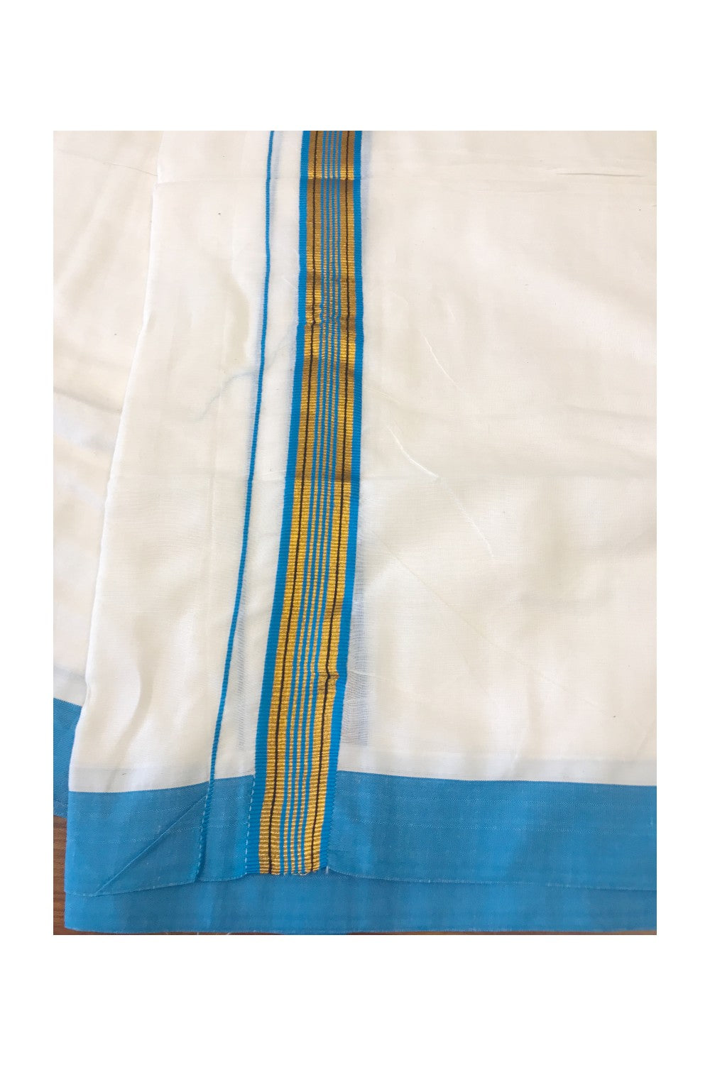 KaithariKada 100 Cotton Off White Double Dhoti/Mundu 1.INCH SKY BLUE
