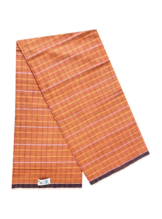 10% DISCOUNT ! KaithariKada Kalamachal 100% Pure Cotton - Handloom Single Mundu/Dhoti RED KAVI PEACH CHECK COLOUR BODY & BLACK  2.cm Kara- 161123KAILY028.HANDLOOM GOVERNMENT SEALED.