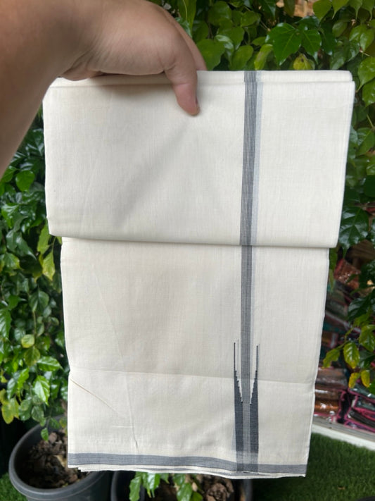 25% Discount!!! KaithariKada HANDLOOM UNAKKUPAAV Balaramapuram - 100% PURE Cotton OFF WHITE (Unbleached) Double Mundu/Dhoti - 80x90 - 2 cm Black stripes shaded chutty 4 Mtr (8.5 Muzham) - 17KK5235 YAR