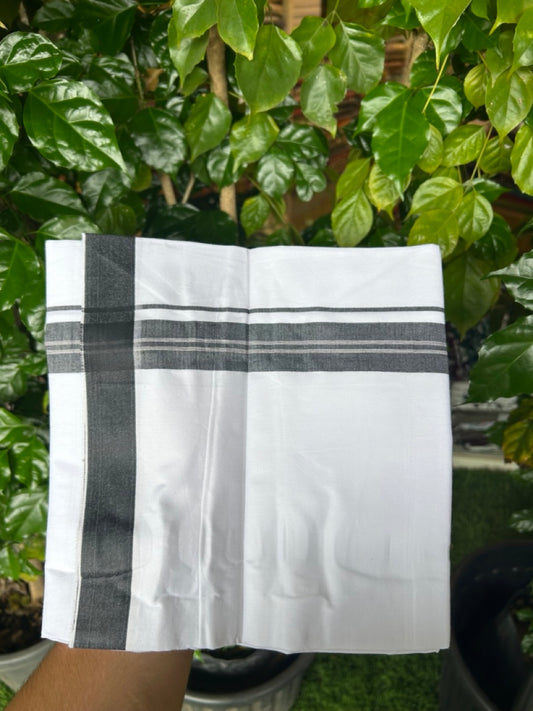 24% Discount !! KaithariKada Balaramapuram 100% Cotton Pure white Single Mundu/Dhoti - Twisted 60s Thread- 1.25 inch Black Shaded Striped Kara (2 meter / 4 muzham) - 17KK5241 GL