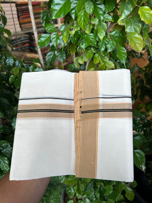 25% DISCOUNT!! KaithariKada HANDLOOM  UNAKKUPAAV Balaramapuram - 100% PURE Cotton OFF White - (Unbleached) Double Mundu/Dothi - 100 x 80 - 1.5 inch Sand Brown Black Strip Kara 3.80 meter (8.5 mulam) - 17 KK5249 REA