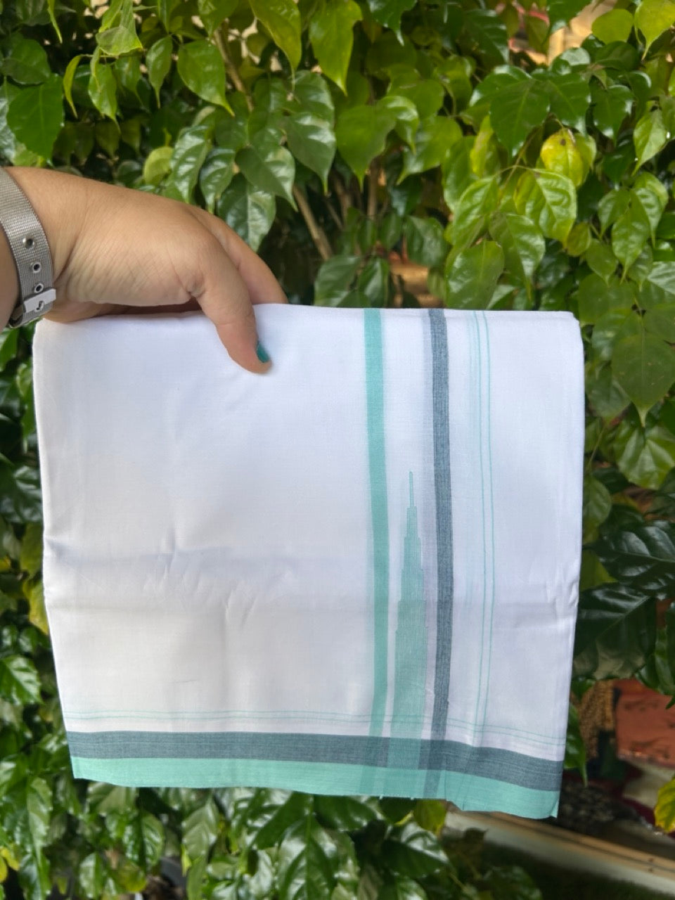 20% Discount ! NEW! KaithariKada Balaramapuram 100% Cotton Pure white Double Mundu/Dhoti - (100x80)s - 1.5 inch Turquoise Navy chutty - 17 KK5249 VIN