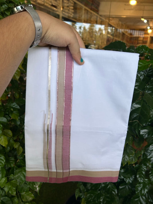 26% Discount ! NEW! KaithariKada Balaramapuram 100% Cotton Pure white Double Mundu/Dhoti - (100x80)s - Maroon Sage Green Chutty Silver Kasav - 17 KK5252 CKS
