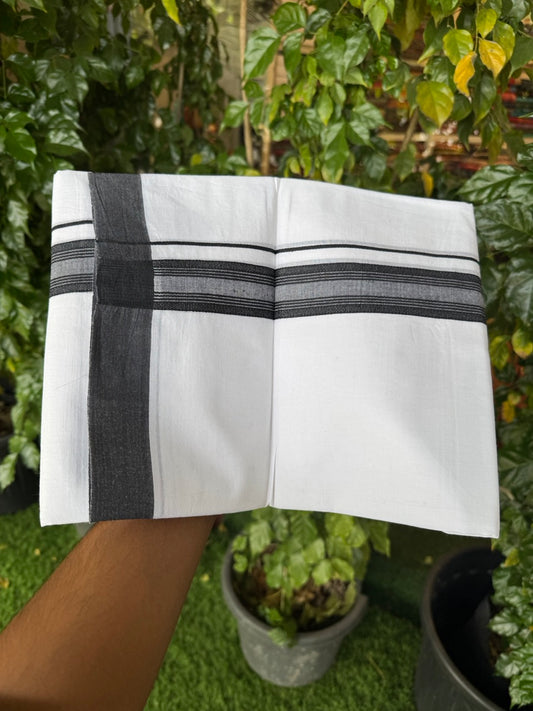 Short Dhoti Special - 28% Discount ! KaithariKada 100% Cotton Pure White Double Mundu / Dhoti - 100x80 - 45 inch Height 3.80 m Length  1.5 inch black kara - 17 KK5258 THI