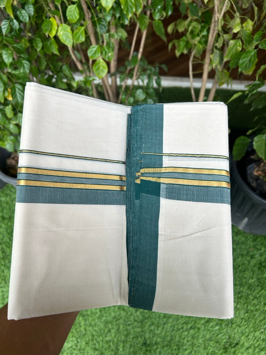 36% DISCOUNT!! KaithariKada HANDLOOM Millpaav Balaramapuram - 100% PURE Cotton OFF White Double - (Unbleached) Mundu/Dothi - 1.75 Inch Gold Kasav Green kara - 17kk5153RAM