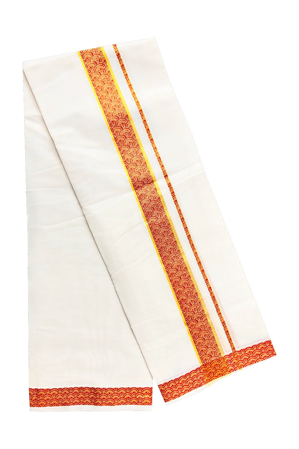 25% DISCOUNT ! KaithariKada HANDLOOM Unakkupaav Balaramapuram - 100% PURE Cotton 4.44 Meter Off White (Unbleached) Double Mundu/Dhoti - Brick Red Flower & KASAVU DESIGN 2.5 Inch KARA- ABH17