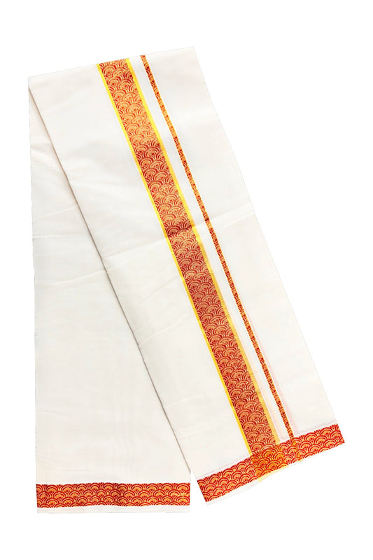 30% DISCOUNT ! KaithariKada HANDLOOM Unakkupaav Balaramapuram - 100% PURE Cotton 4.44 Meter Off White (Unbleached) Double Mundu/Dhoti - Brick Red Flower & KASAVU DESIGN 2.5 Inch KARA- ABH17