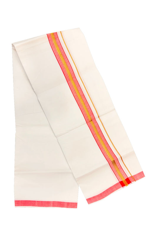 30% OFFER! KaithariKada 100% Cotton Balaramapuram HANDLOOM Single  PURE WHITE Mundu/Dhoti - 2inch (2 meter / 4 muzham) Pinkish Red Kasavu Kara & Stripes  - 17KAI.