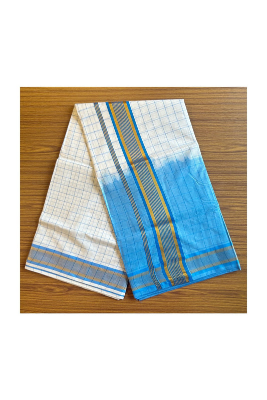 15% Discount! Kaitharikada Kerala Cotton Saree - Turquoise Blue Color Dyed & Gold Kasavu Blue Striped Kara - 17KK1003HAR