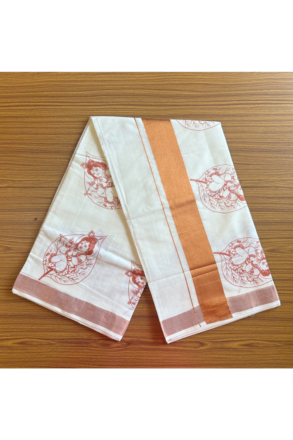 25% Discount! Kaitharikada Kerala Saree - Cotton Off white - Dark Kasavu Zari with Brick Red Krishna Prints- 17KK300VIN