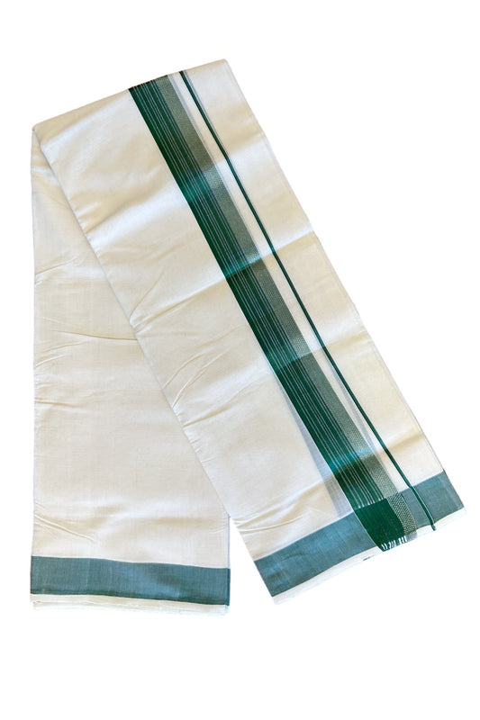 25% DISCOUNT!! KaithariKada HANDLOOM Millpaav Balaramapuram - 100% PURE Cotton OFF White (Unbleached) Double Mundu/Dothi - 2.75 inch Green & silver kasavu striped kara - 17KK410RAM