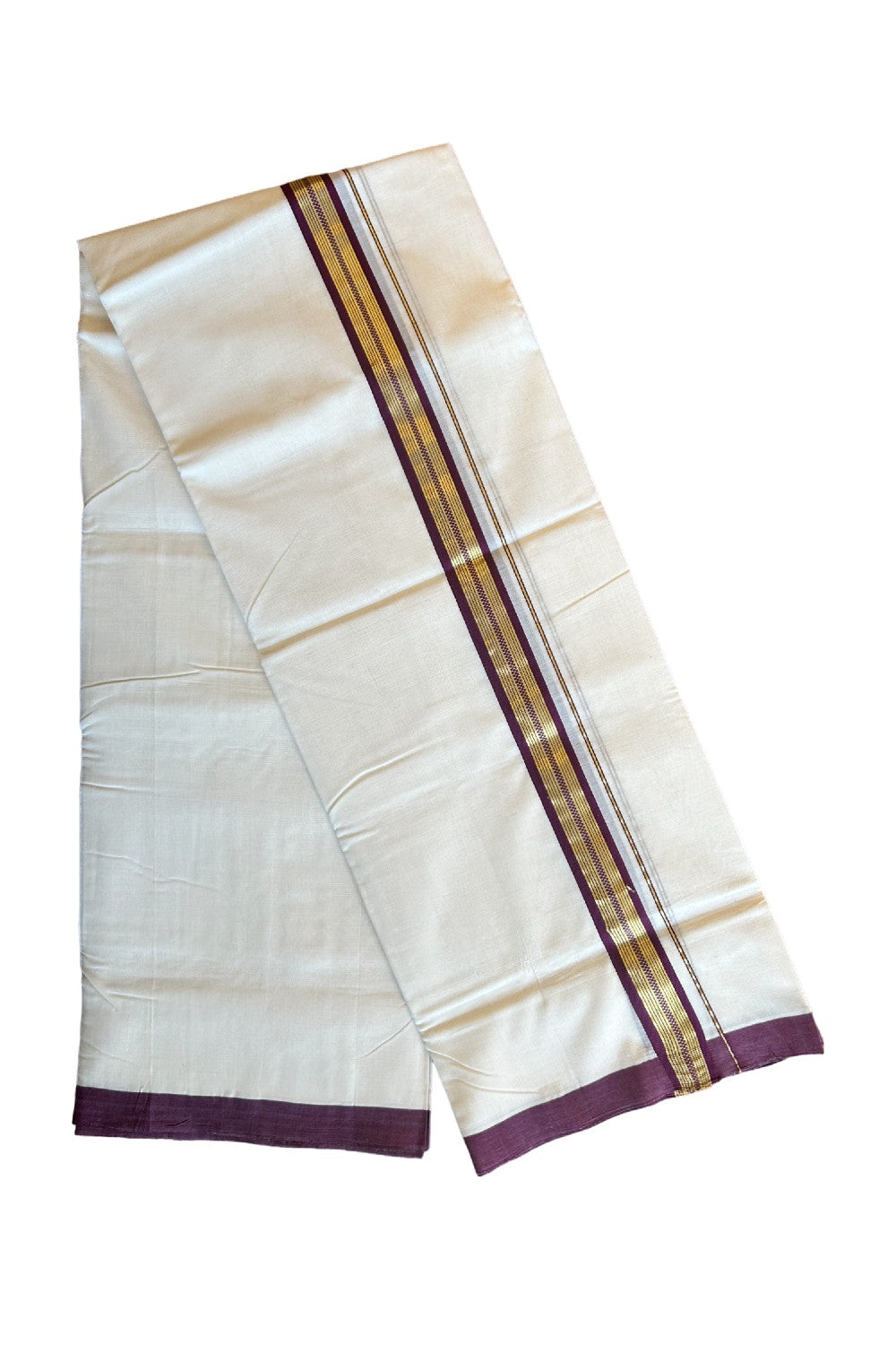 30% DISCOUNT!! KaithariKada HANDLOOM UNAKKUPAAV Balaramapuram - 100% PURE Cotton OFF White (Unbleached) Double Mundu/Dothi - 1.75 Inch Kasavu  & Wine Purple striped pattern Kara - 17KK456KK