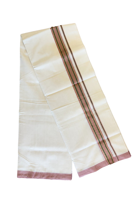 25% Discount!!! KaithariKada HANDLOOM UNAKKUPAAV Balaramapuram - 100% PURE Cotton off white (Unbleached) Double Mundu/Dhoti - 2 inch Kasavu Pink brown & Navy blue pattern kara - 17KK458SOM
