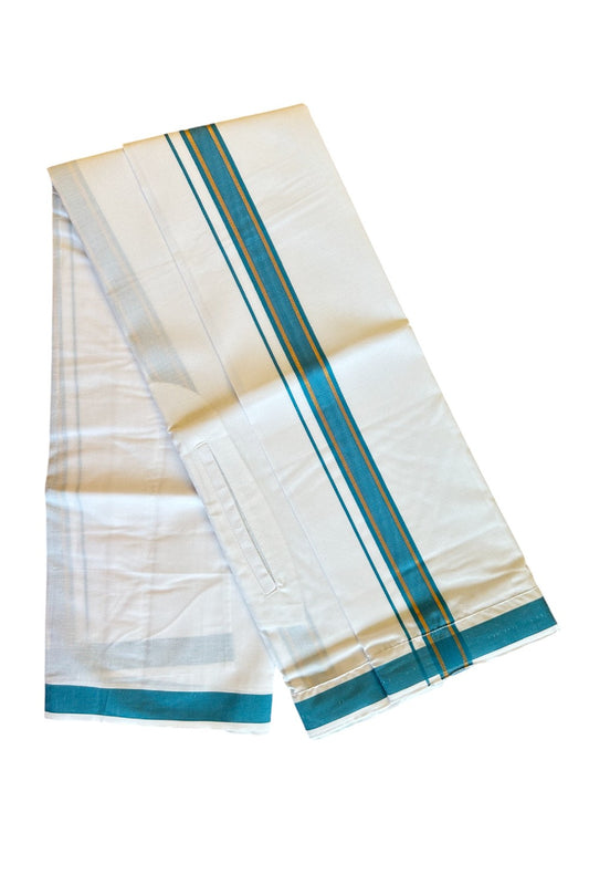 KaithariKada Balaramapuram COTTON SINGLE PURE WHITE VELCRO Mundu/Dhoti - 1.75inch Peacock Blue & Kasavu kara  (2 metre / 4 muzham) - 17KK485SRI