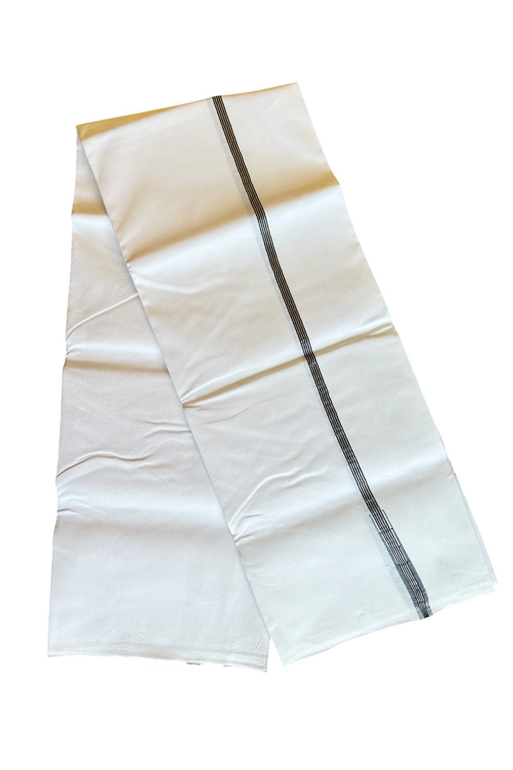 20% DISCOUNT!! KaithariKada Balaramapuram 100% Cotton PURE WHITE Single Mundu/Dhoti-100x100  Puliyilakkara 1.cm Silver kasavu & black striped chutty(2 meter / 4 muzham)  - 17KK487KK
