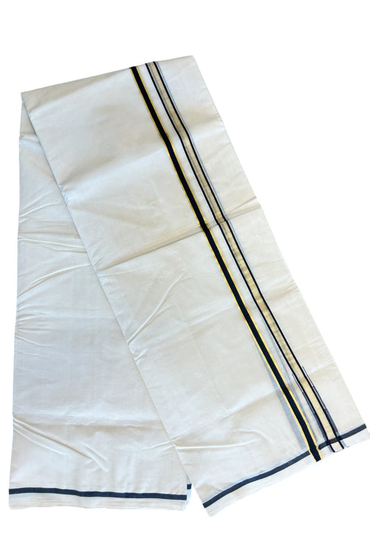 25% DISCOUNT!! KaithariKada HANDLOOM Millpaav Balaramapuram - 100% PURE Cotton OFF White - (Unbleached)Double Mundu/Dothi - 1cm Puliyilakkara side striped Gold kasavu Black chutty - 17KK5011RAM