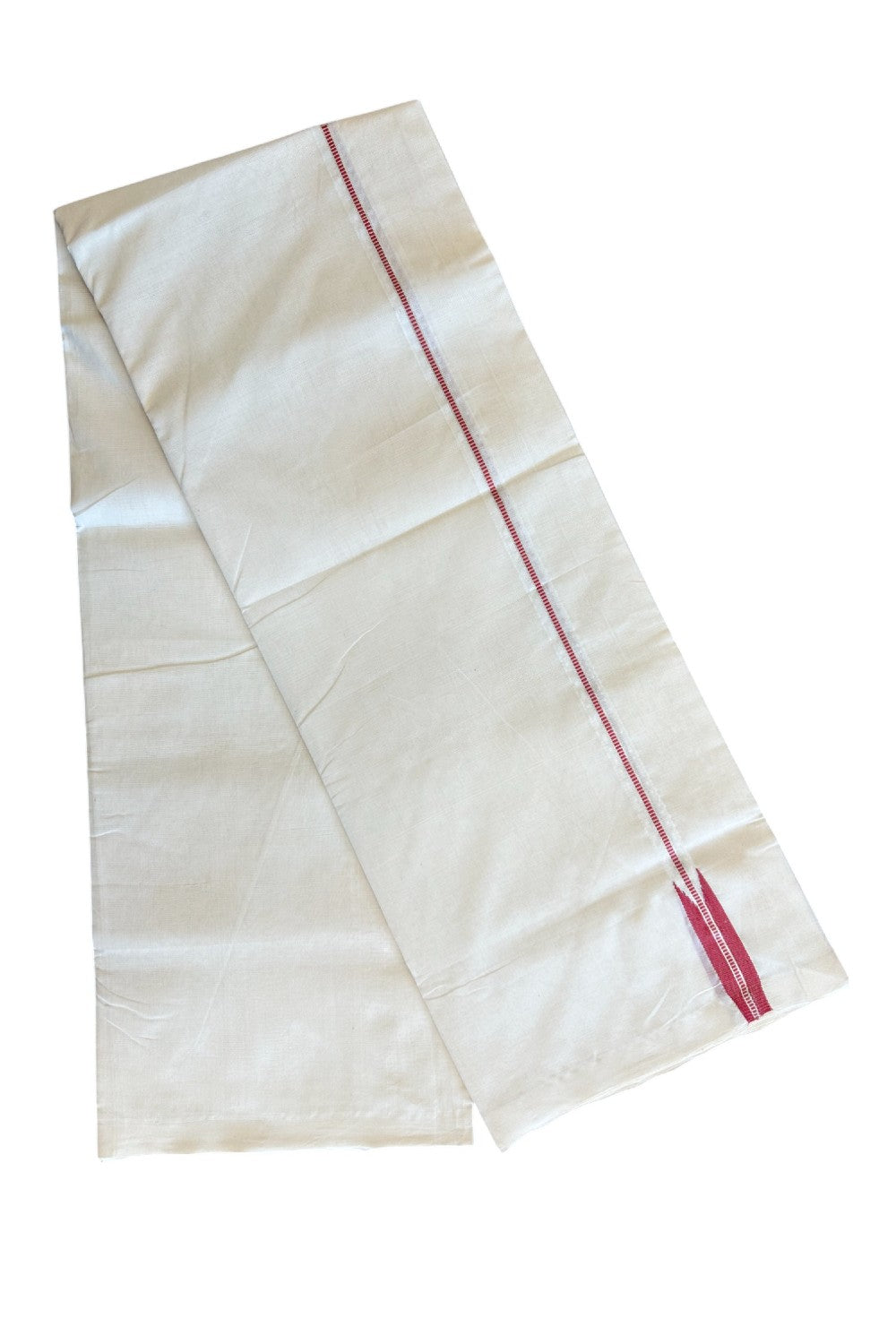 30% DISCOUNT!! KaithariKada HANDLOOM Unakkupaav Balaramapuram - 100% PURE Cotton OFF White (Unbleached)Double Mundu/Dothi - 0.75 inch Silver Kasav Reddish Rose Muthukkuri Chutty Puliyilakkara 3.70 mtrs (8 Muzham) - 17KK5029RAM