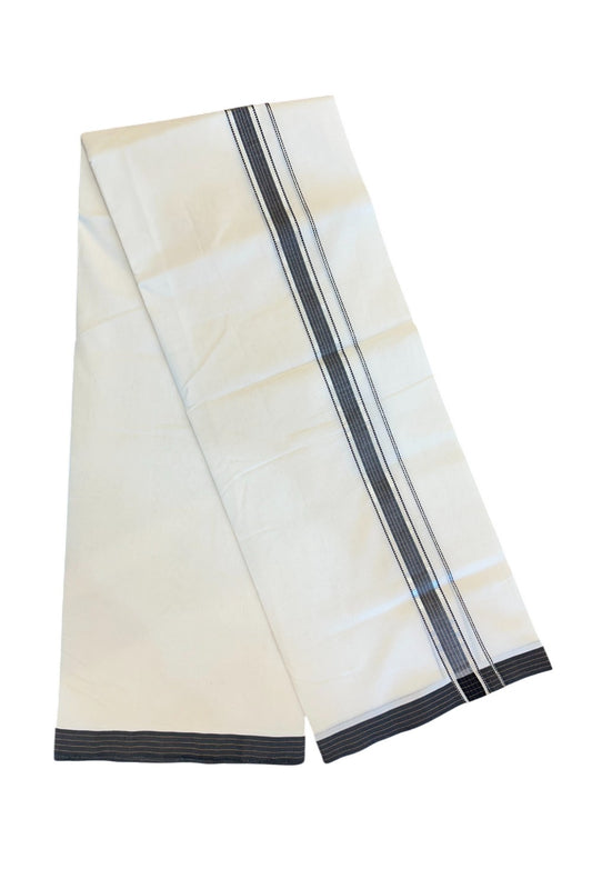 25% Discount!!! KaithariKada HANDLOOM UNAKKUPAAV Balaramapuram - 100% PURE Cotton off white - (Unbleached) Double Mundu/Dhoti - 1.75 inch Silver kasavu Black & Brown striped kara - 17KK5049REA