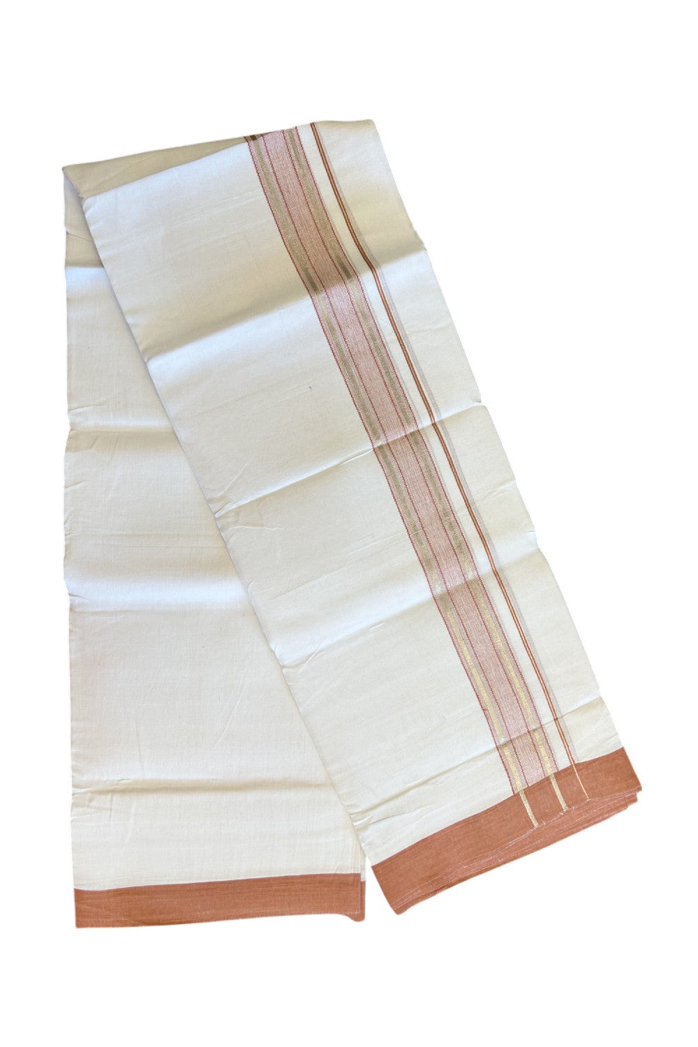 Linen Dhoti NEW! 20% Discount from Kaitharikada.com - Double Mundu/Dhoti 80x90 Thread PURE WHITE - Pure Cotton + Linen -2.25 Inch Brick Orange & Silver Striped Kara - 35KK5115THI