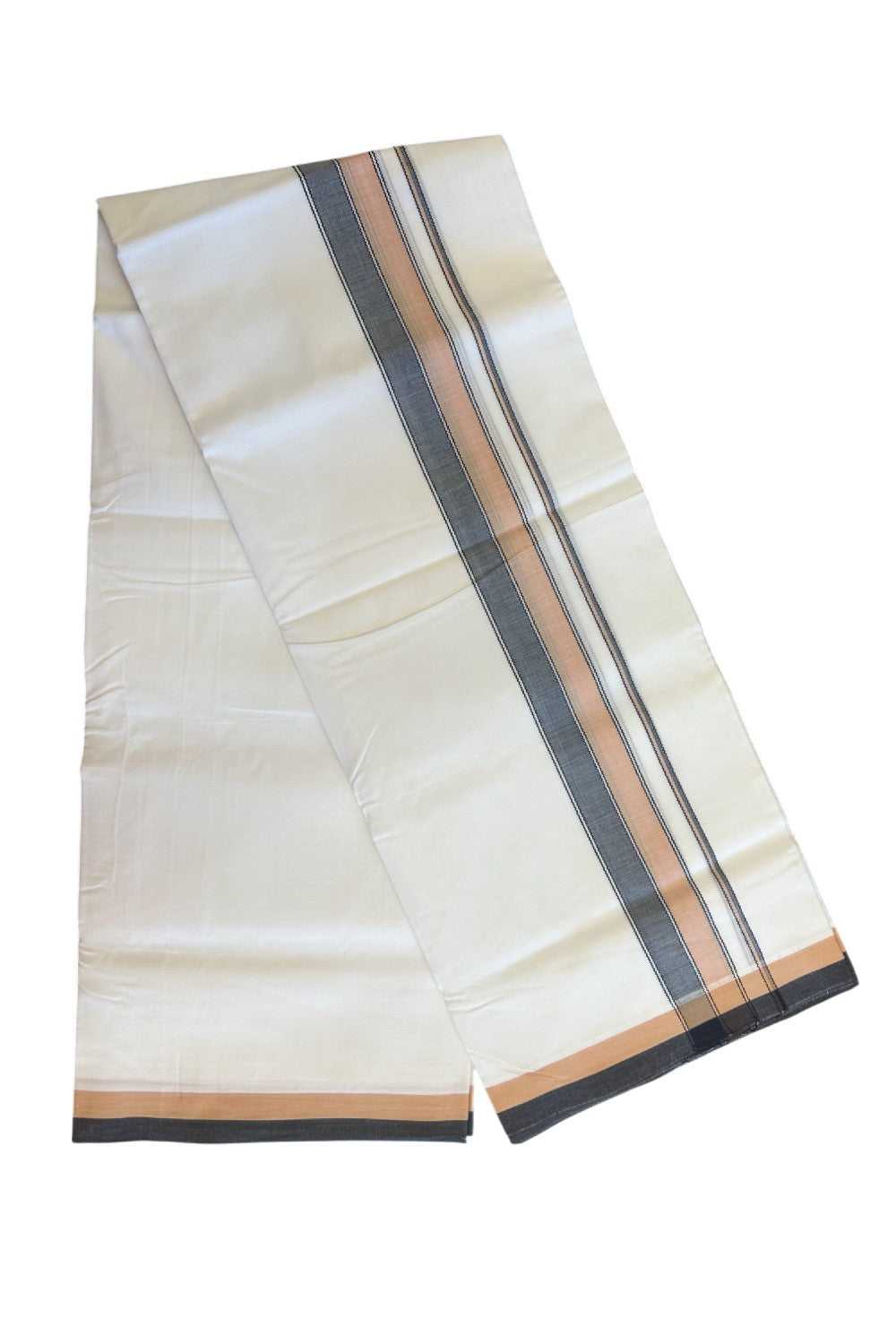 28% DISCOUNT! KaithariKada Balaramapuram 100% Cotton PURE WHITE Double Mundu/Dhoti-100x80 2.75 inch Peach cream & Black shaded designer kara - 17KK5116MR