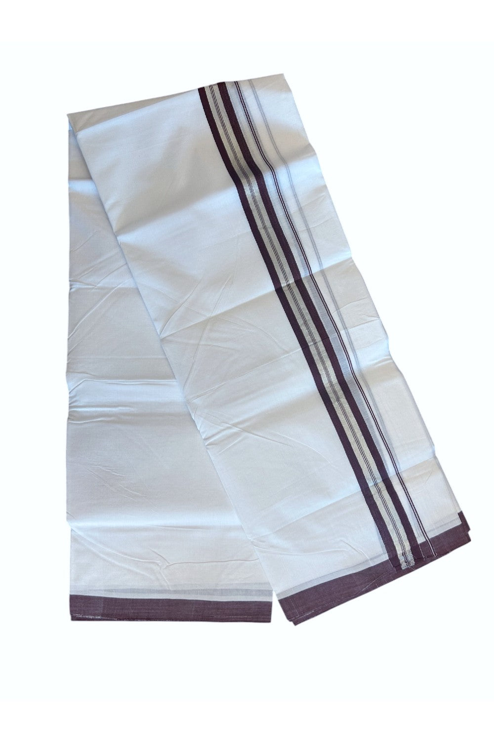 30% Discount KaithariKada HANDLOOM Unakkupaav Balaramapuram - 100% PURE Cotton PURE WHITE - 100x100 Double Mundu/Dhoti - 1.5 inch Dark Brown & Silver Kasavu Shaded Kara - 17KK5129YAR