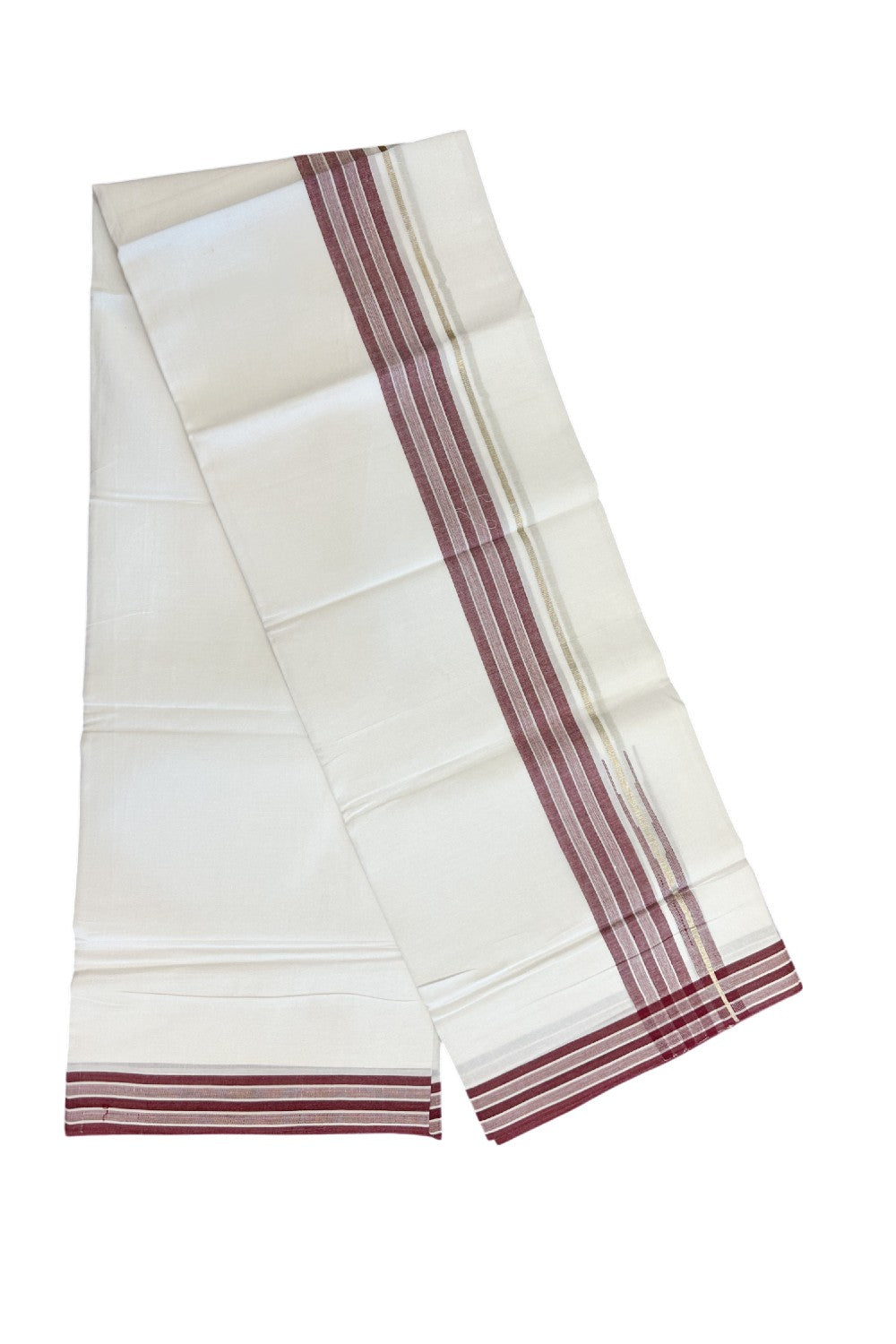 28% DISCOUNT!! Kaitharikada Balaramapuram 100% Cotton PURE WHITE Double Mundu/Dothi - 100X80 - 1.75 Inch Silver Maroon Stripes Chutty Kara - 17KK5155THI