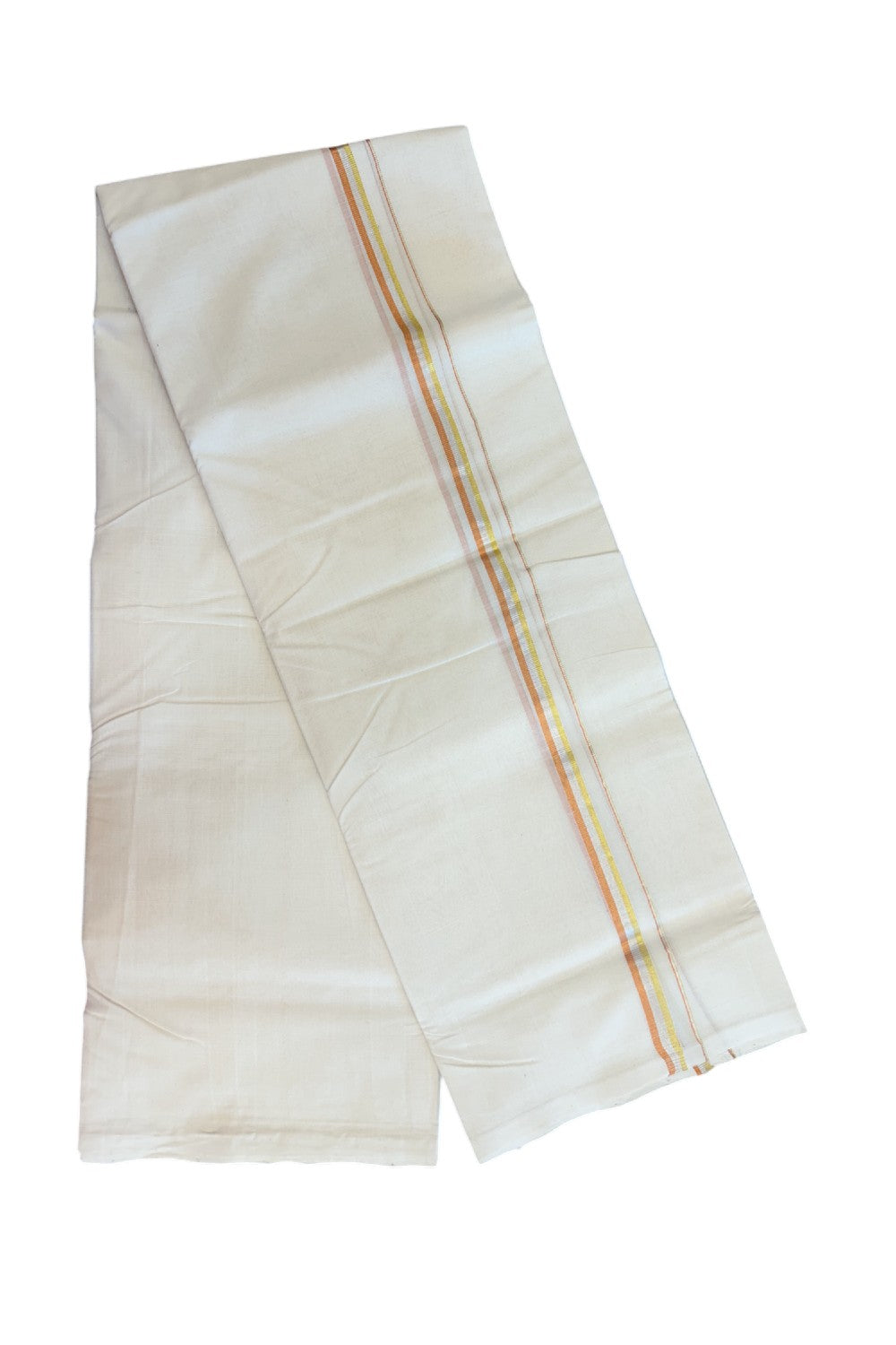 27% DISCOUNT! KaithariKada BALARAMAPURAM HANDLOOM UNAKKUPAAV - 100% PURE Cotton Off white (Unbleached) Double Mundu/Dhoti - 0.5 inch Gold Silver & Copper Kasavu Striped Kara (8 Muzham) - 4KK5161SOM