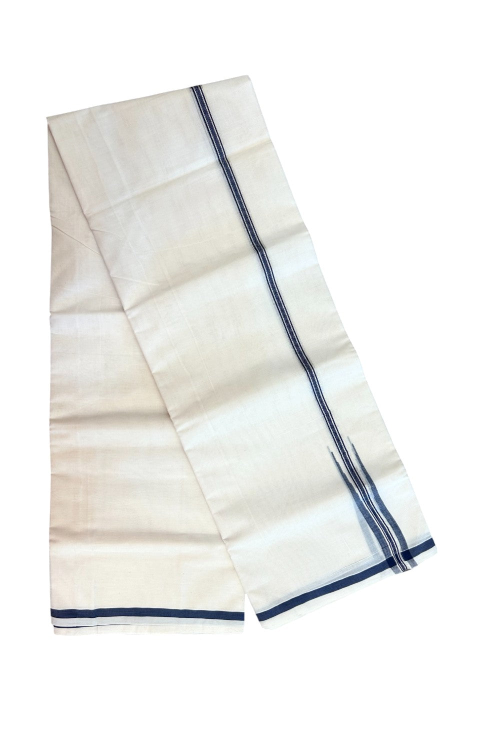 20% DISCOUNT!! KaithariKada Balaramapuram Pure Cotton DOUBLE OFF WHITE - (Unbleached) - Mundu/Dhoti - 100x80 - 0.5 inch Puliyilakkara Navy Blue - Muthukuri Silver Kasavu Chutty - 17KK5171GAN