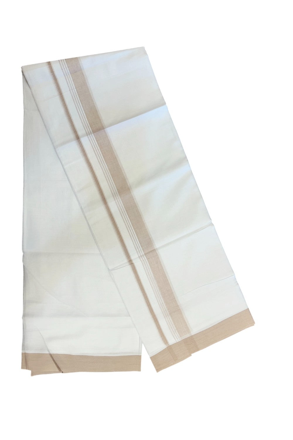 20% Discount ! Kaitharikada Balaramapuram 100% Cotton PURE WHITE Double Mundu/Dothi - 100x80 - 1.5 inch Beige Light Brown Striped Kara - 17KK5183VIN