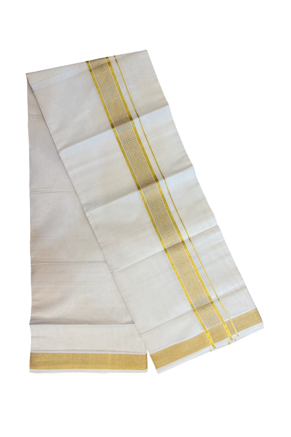 20% DISCOUNT! KaithariKada Balaramapuram 100% Pure Cotton off white - (Unbleached) Double Mundu/Dhoti - 100X80 - 2 inch Gold kasavu Jacquard Design kara - 17KK5186CKS