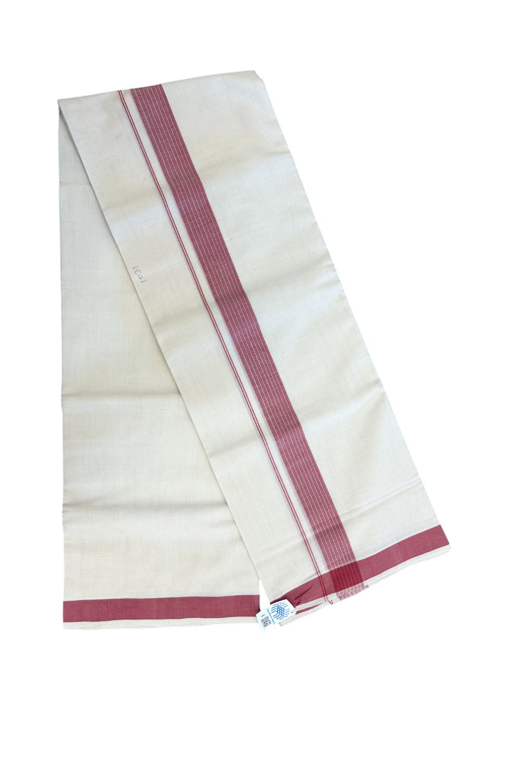 25% Discount KaithariKada HANDLOOM Unakkupaav Balaramapuram - 100% PURE Cotton off white (Unbleached) Double Mundu/Dhoti - 80X90 - 1.5 inch Fire Brick Red Stripes Kara 3.80 mtr - 17KK5192ELA