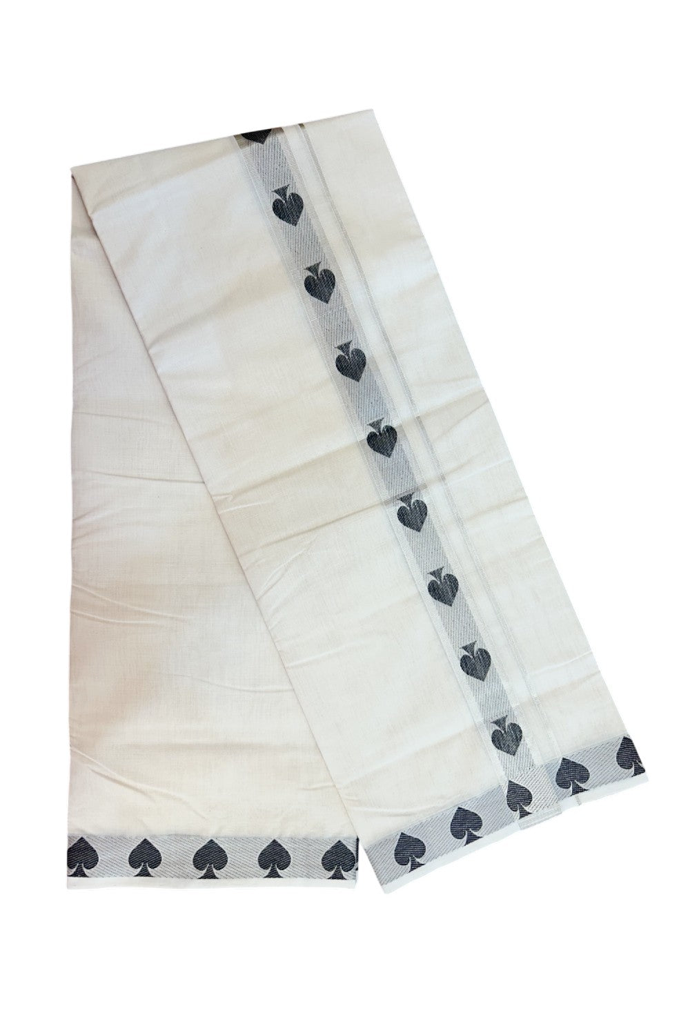 25% DISCOUNT ! KaithariKada HANDLOOM Unakkupaav Balaramapuram - 100% PURE Cotton Off White - (Unbleached) Double Mundu/Dhoti - 100x100 - 1.5 Inch Silver Kasavu & Black Design Kara- 17KK5208ABH