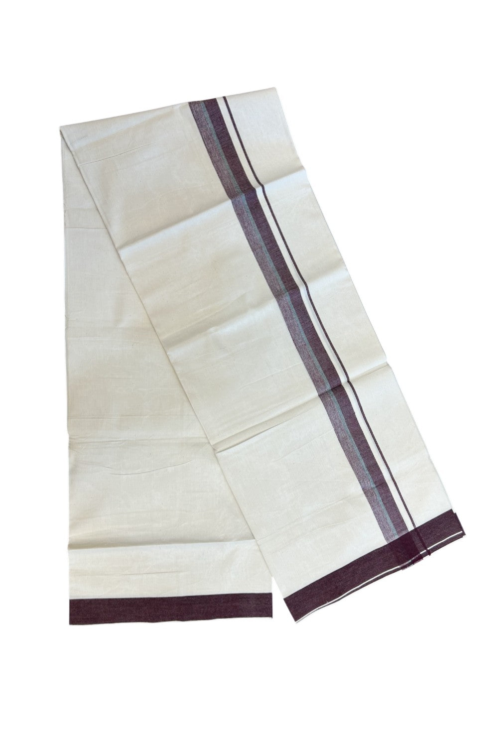 24% Discount !! KaithariKada Balaramapuram 100% Cotton OFF WHITE (Unbleached) Single Mundu/Dhoti - Twisted 60s Thread - 1.25 inch Dark Maroon White & Green shaded Kara (2 meter / 4 muzham) - 47KK5241 GL