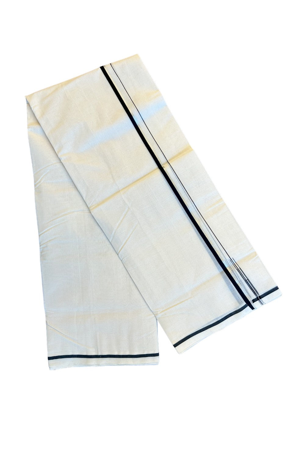 18% DISCOUNT!! KaithariKada HANDLOOM Millpaav Balaramapuram  - 100% PURE Cotton Off White (Unbleached) - 100x100 Double Mundu/Dhoti - 1.5 cm Puliyilakkara Chutty Silver Kasavu Black Kara - 17KK72RAM