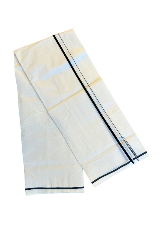 18% DISCOUNT!! KaithariKada HANDLOOM Millpaav Balaramapuram  - 100% PURE Cotton Off White (Unbleached) - 100x100 Double Mundu/Dhoti - 1.5 cm Puliyilakkara Chutty Silver Kasavu Black Kara - 17KK72RAM
