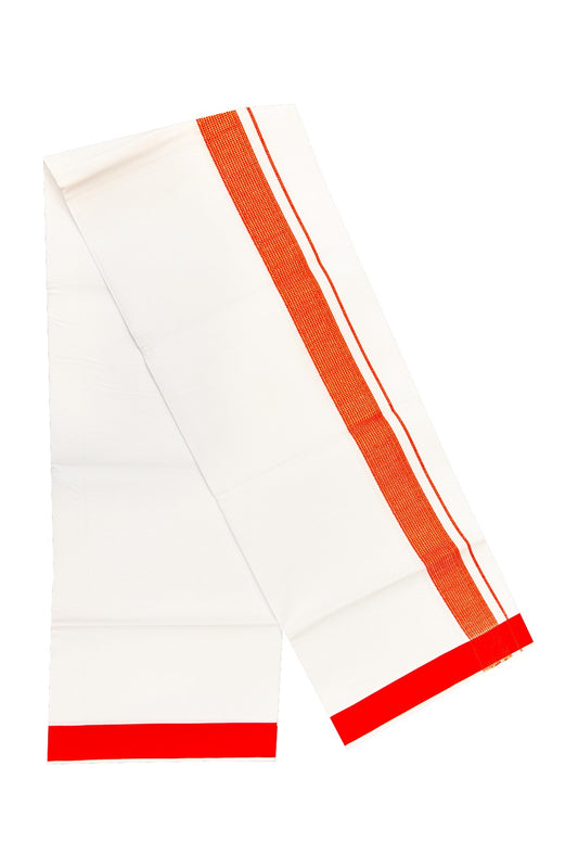 15% OFFER!! KaithariKada 100% Cotton PURE WHITE SINGLE Mundu/Dhoti-40X40 Red+Kasavu Zazri 2 inch (2 meter / 4 muzham) Kara- 17sar
