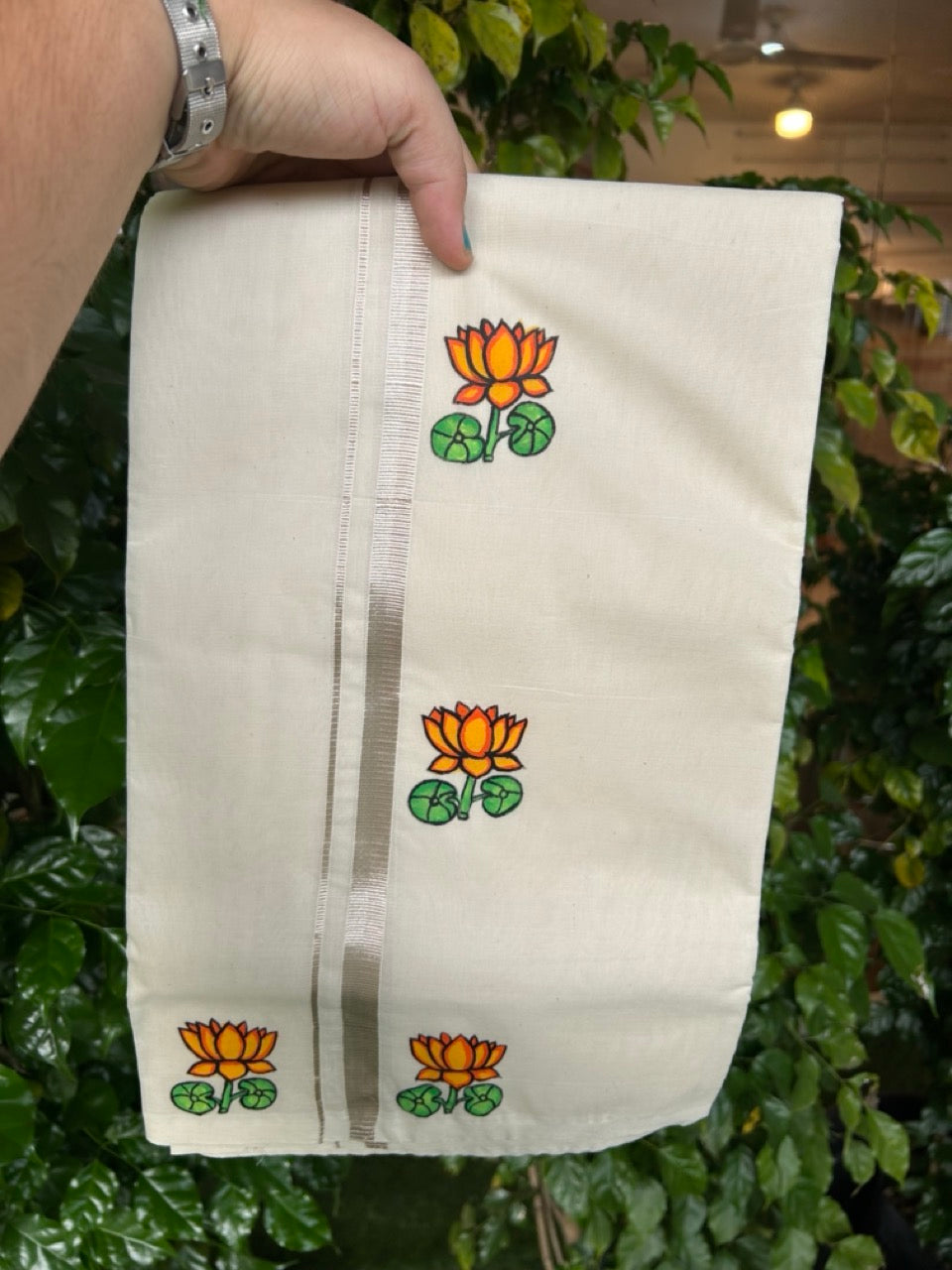 KaithariKada Balaramapuram 100% Cotton Double Off white - (Unbleached) Mundu/Dhoti-100x80 - 0.5 inch Hand Painted Silver Kasav Orange & Yellow Lotus Design Kara 3.80 mtr (8 muzham) - 16 KK5244 ASH