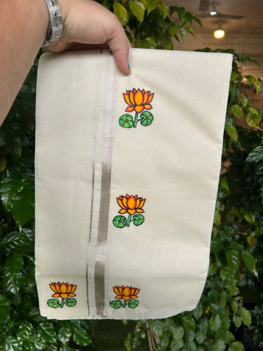 KaithariKada Balaramapuram 100% Cotton Double Off white - (Unbleached) Mundu/Dhoti-100x80 - 0.5 inch Hand Painted Silver Kasav Orange & Yellow Lotus Design Kara 3.80 mtr (8 muzham) - 16 KK5244 ASH