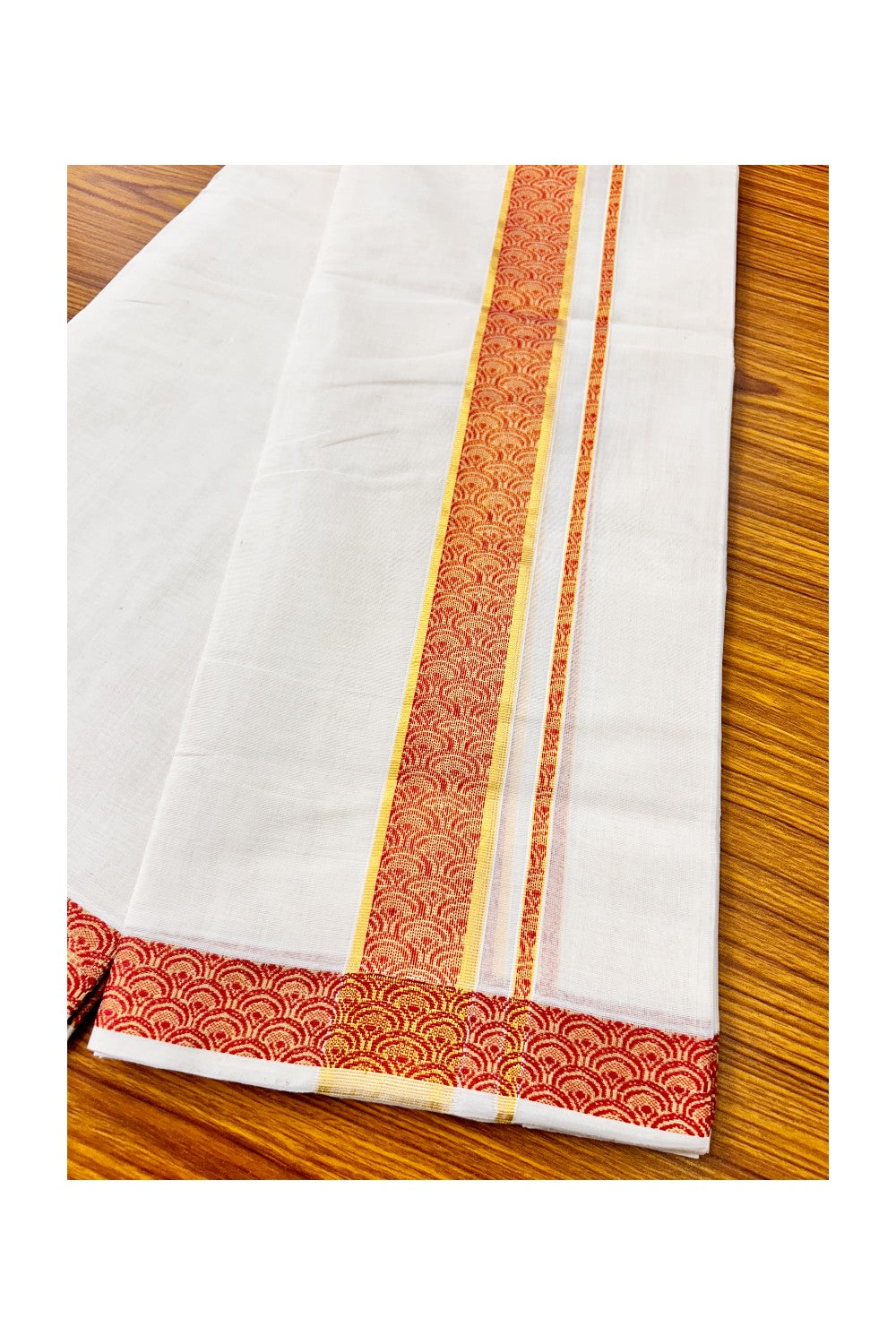 25% DISCOUNT ! KaithariKada HANDLOOM Unakkupaav Balaramapuram - 100% PURE Cotton 4.44 Meter Off White (Unbleached) Double Mundu/Dhoti - Brick Red Flower & KASAVU DESIGN 2.5 Inch KARA- ABH17