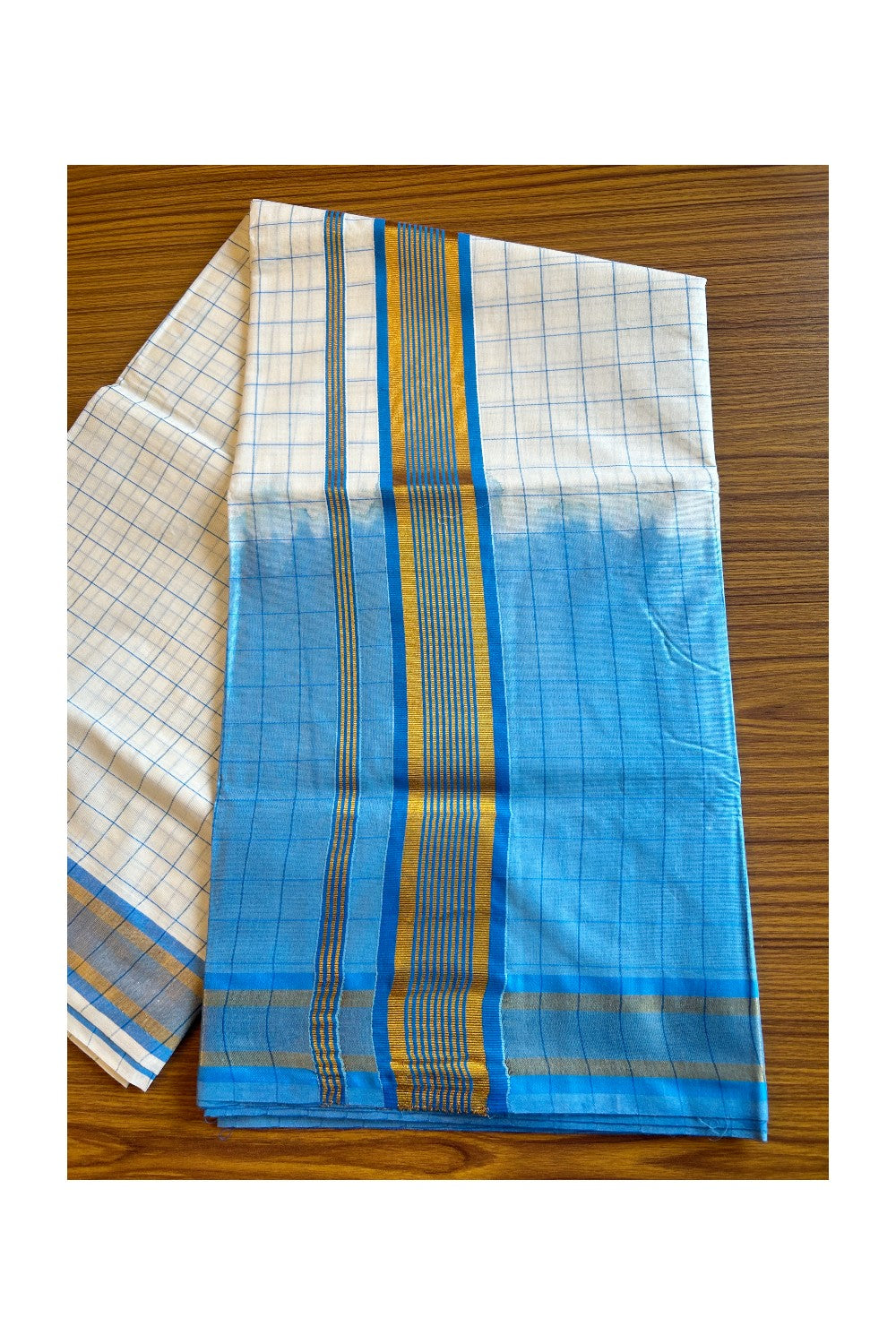 15% Discount! Kaitharikada Kerala Cotton Saree - Turquoise Blue Color Dyed & Gold Kasavu Blue Striped Kara - 17KK1003HAR
