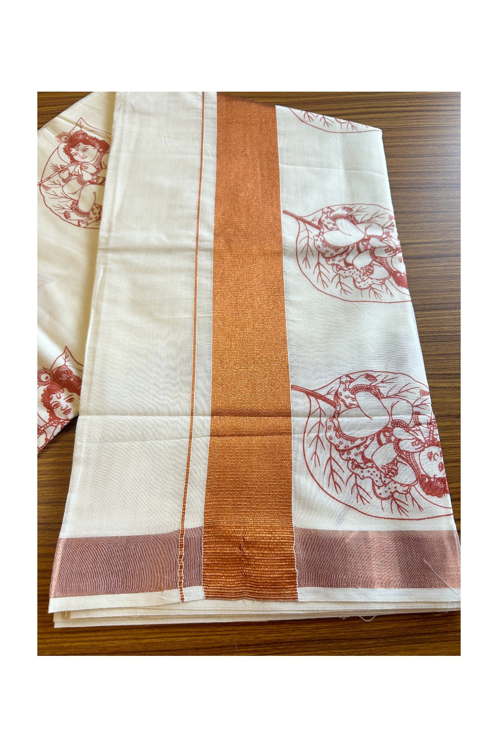 25% Discount! Kaitharikada Kerala Saree - Cotton Off white - Dark Kasavu Zari with Brick Red Krishna Prints- 17KK300VIN