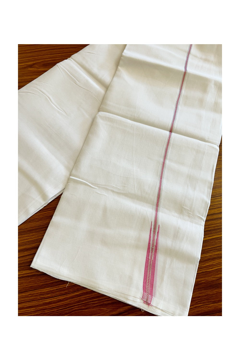 29% DISCOUNT!! KaithariKada Balaramapuram 100% Cotton PURE WHITE Double Mundu/Dhoti-100x100  1.cm Puliyilakkara  MUTHUKKURI  DARK PINK  AND SILVER  KASAVU Chutty Pattern KARA.