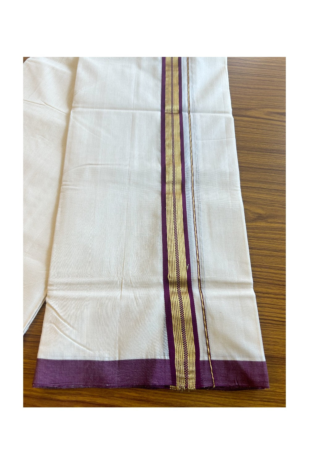 30% DISCOUNT!! KaithariKada HANDLOOM UNAKKUPAAV Balaramapuram - 100% PURE Cotton OFF White (Unbleached) Double Mundu/Dothi - 1.75 Inch Kasavu  & Wine Purple striped pattern Kara - 17KK456KK
