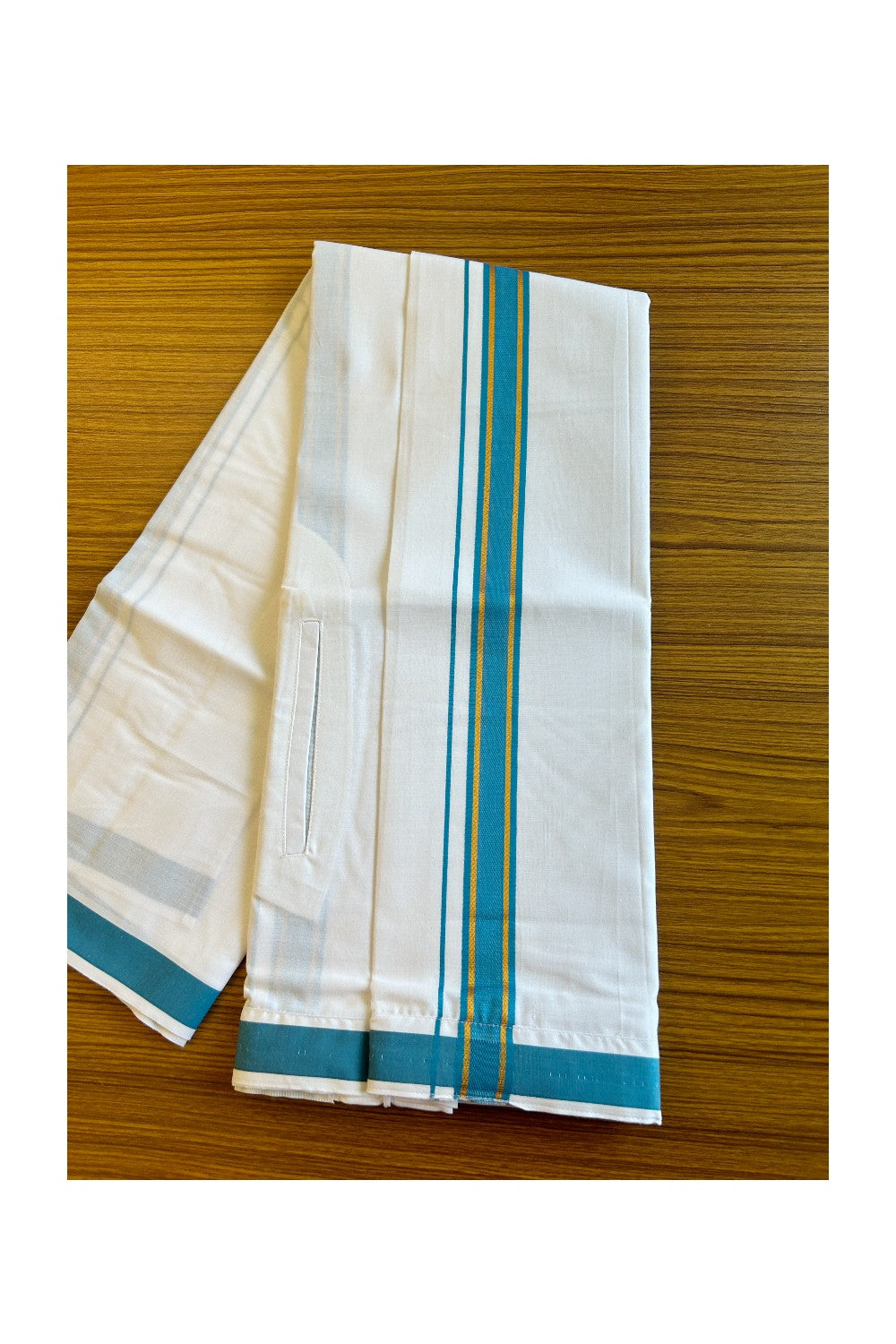 KaithariKada Balaramapuram COTTON SINGLE PURE WHITE VELCRO Mundu/Dhoti - 1.75inch Peacock Blue & Kasavu kara  (2 metre / 4 muzham) - 17KK485SRI