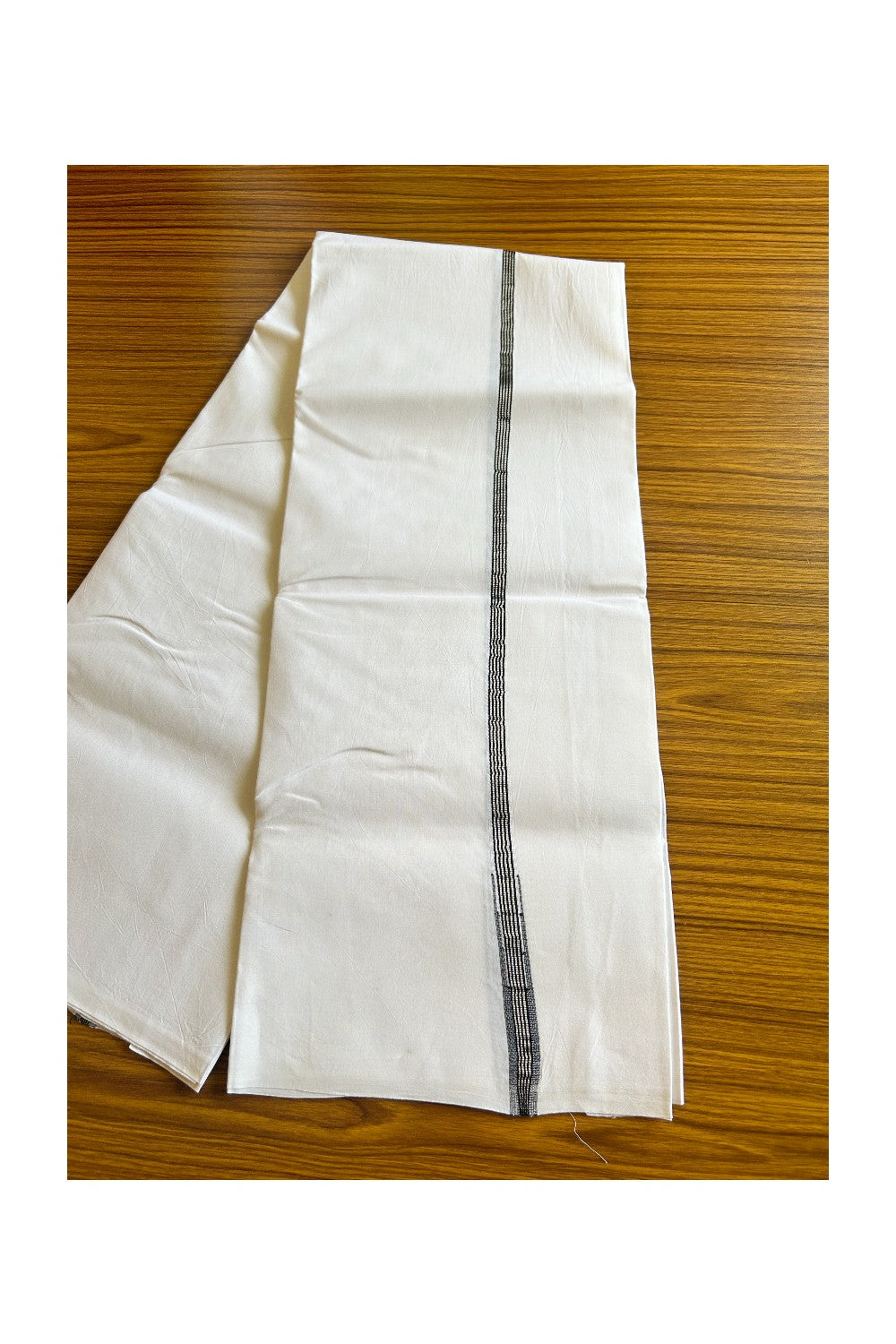 20% DISCOUNT!! KaithariKada Balaramapuram 100% Cotton PURE WHITE Single Mundu/Dhoti-100x100  Puliyilakkara 1.cm Silver kasavu & black striped chutty(2 meter / 4 muzham)  - 17KK487KK
