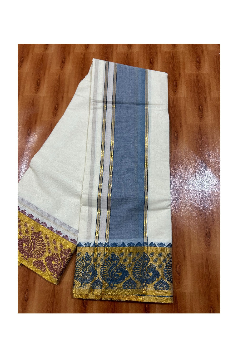 36% DISCOUNT! KaithariKada Cotton Mix Off White - (Unbleached) 80x80 thread - 80% Cotton & 20% Polyester- NORTH INDIAN - ATTACHED GAMCHA 9X5 Dhoti 5inch Blue kara with Maroon & Blue Kasavu border  - 17KK5005PMC